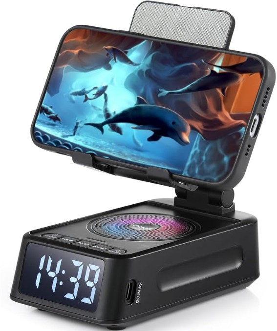 DiKaou Phone Stand with Bluetooth Speaker & Clock, Gifts for Men Women, Birthday Gifts for Him, Phone Holder with Wireless Speaker, Ideal for Dad Mom Husband Boy, Cool Tech Gadget